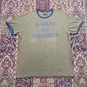 Harley Davidson Mens T Shirt Khaki Blue Ringer Graphic Print Latus Motors XL